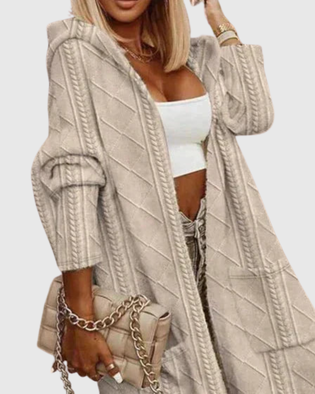 Honoria hooded cable-knit cardigan in beige, front view worn open