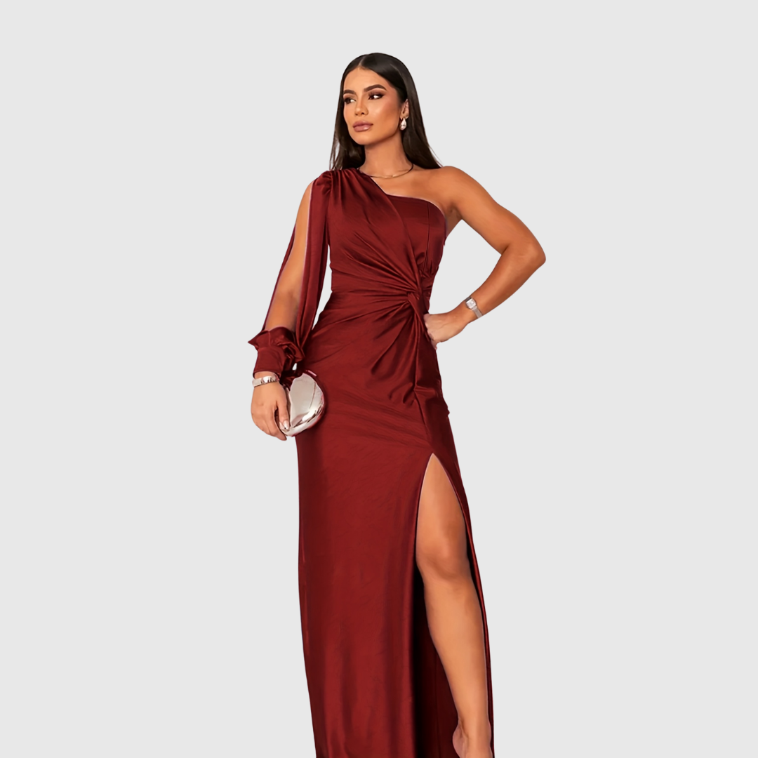 Charlotta evening gown in crimson red, full-length front view with slit