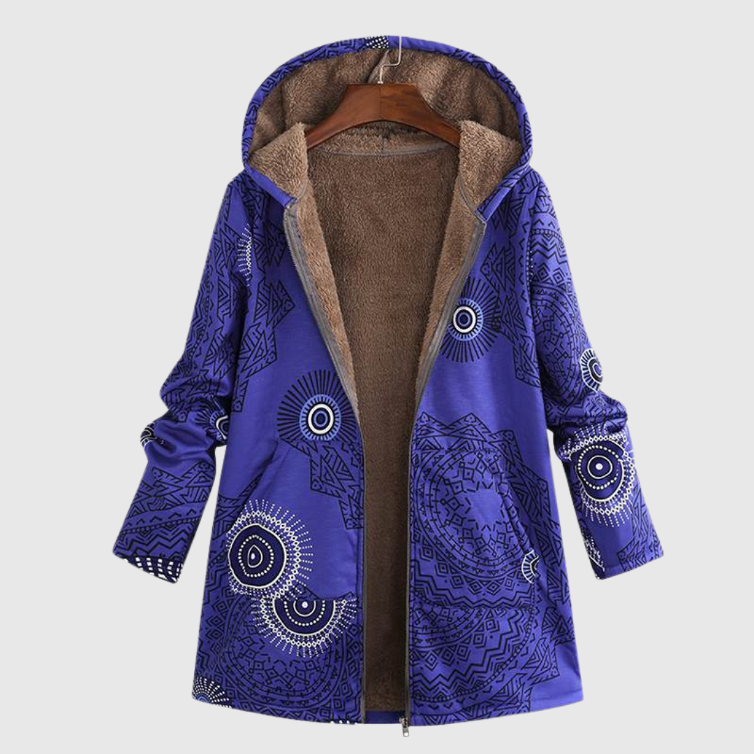 Willow warm hooded jacket in blue geometric print, front view