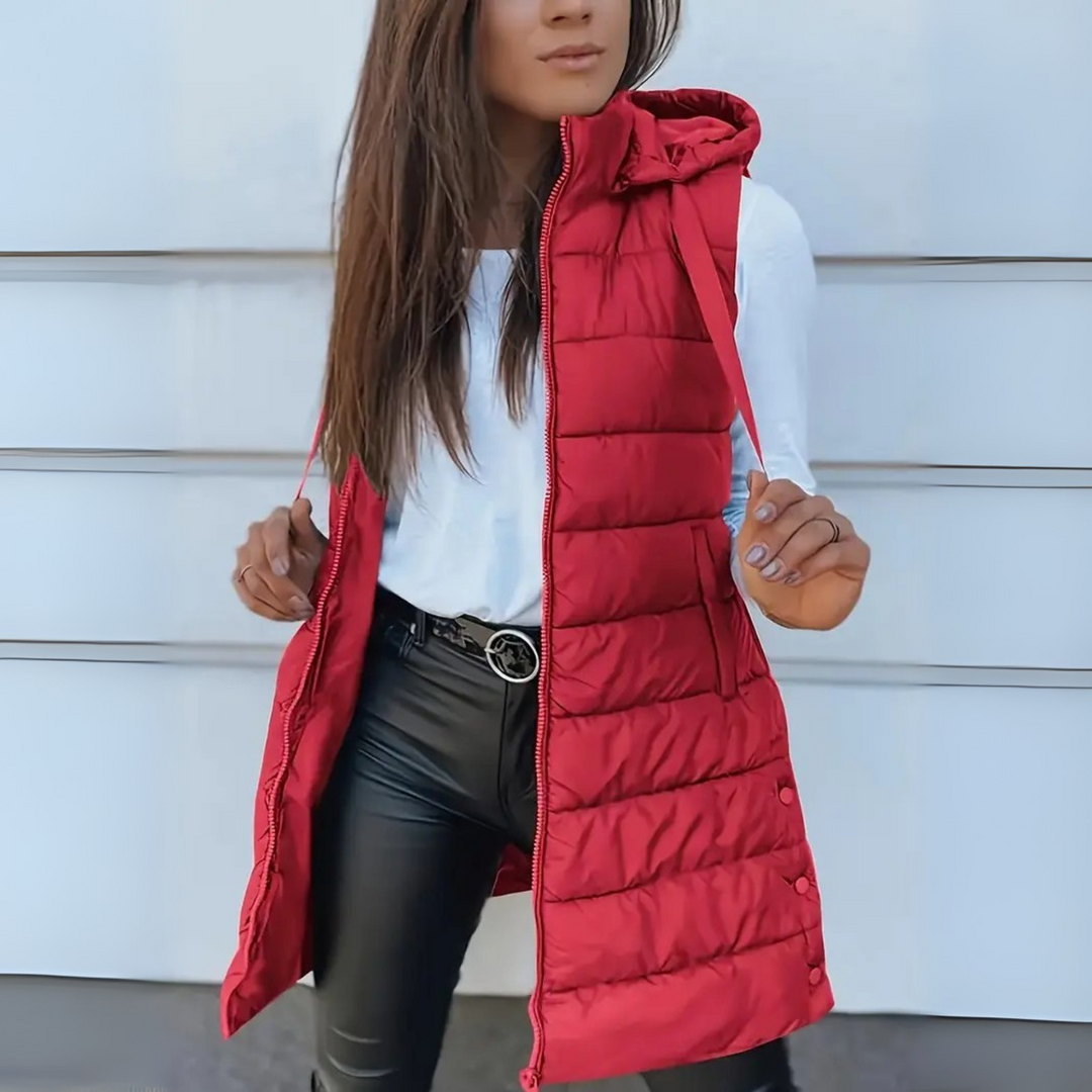 Eirlys hooded puffer vest in red, front view worn open
