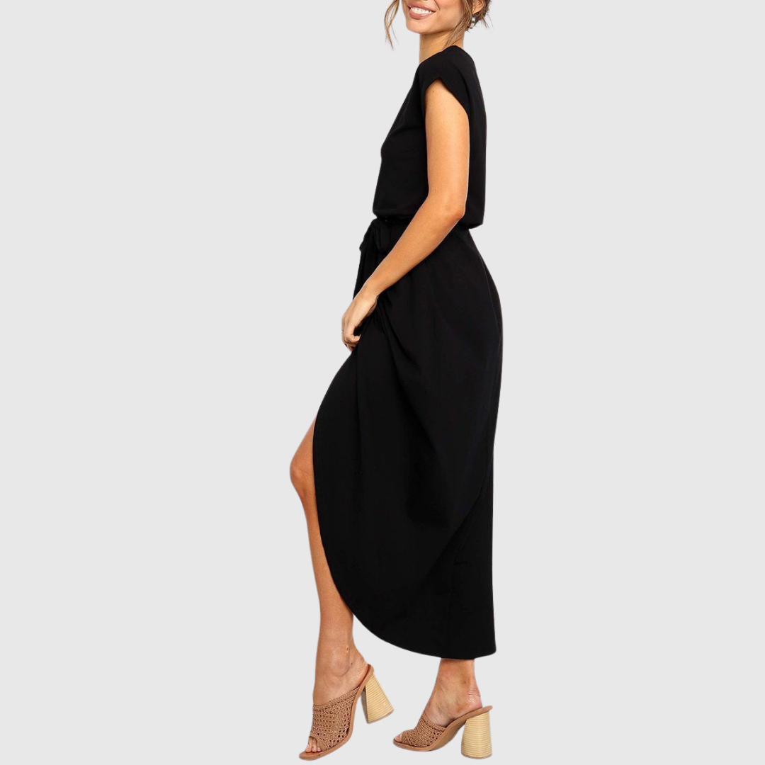Maelis casual midi dress in black, side view with capped sleeves