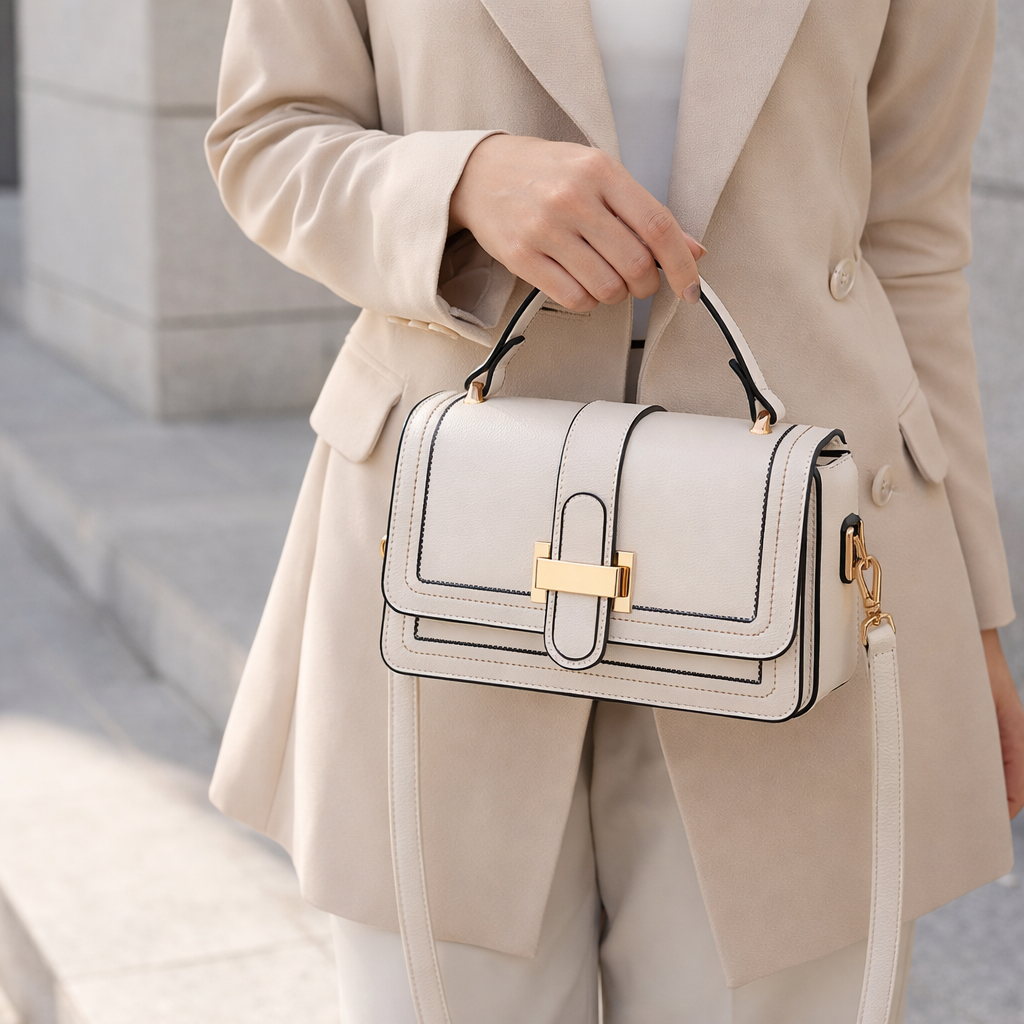 Luna Paris bag in cream held by the top handle with beige tailoring