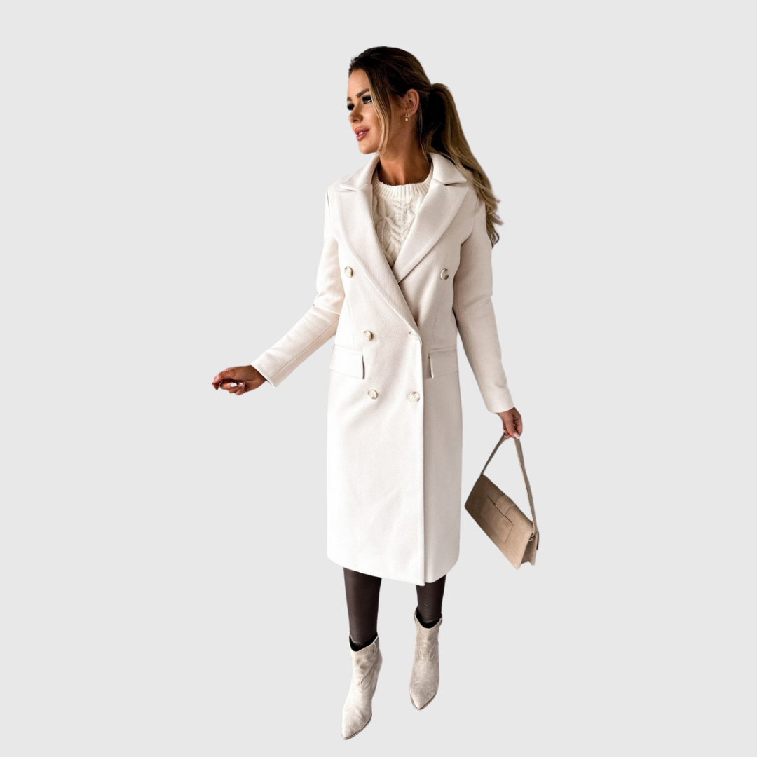 Aveline winter coat in beige, full-length styled with boots