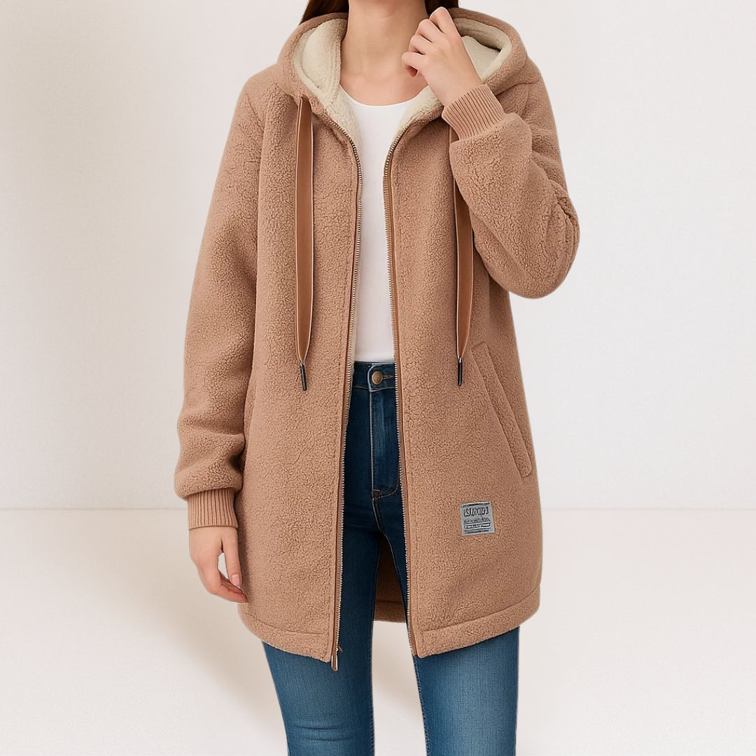 Thea longline hooded jacket in brown, front view with zip open
