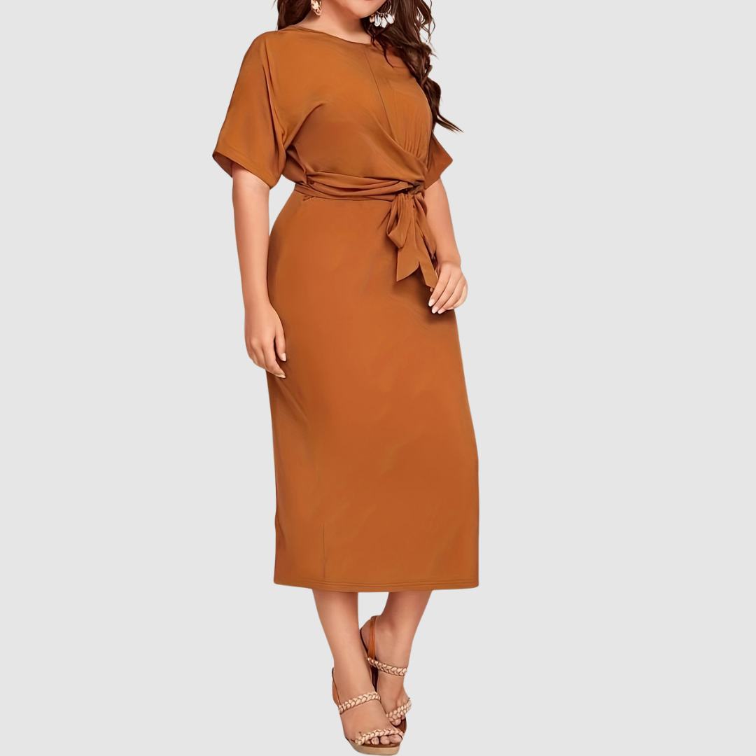 Margaux Lane timeless midi dress in brown, full-length side view