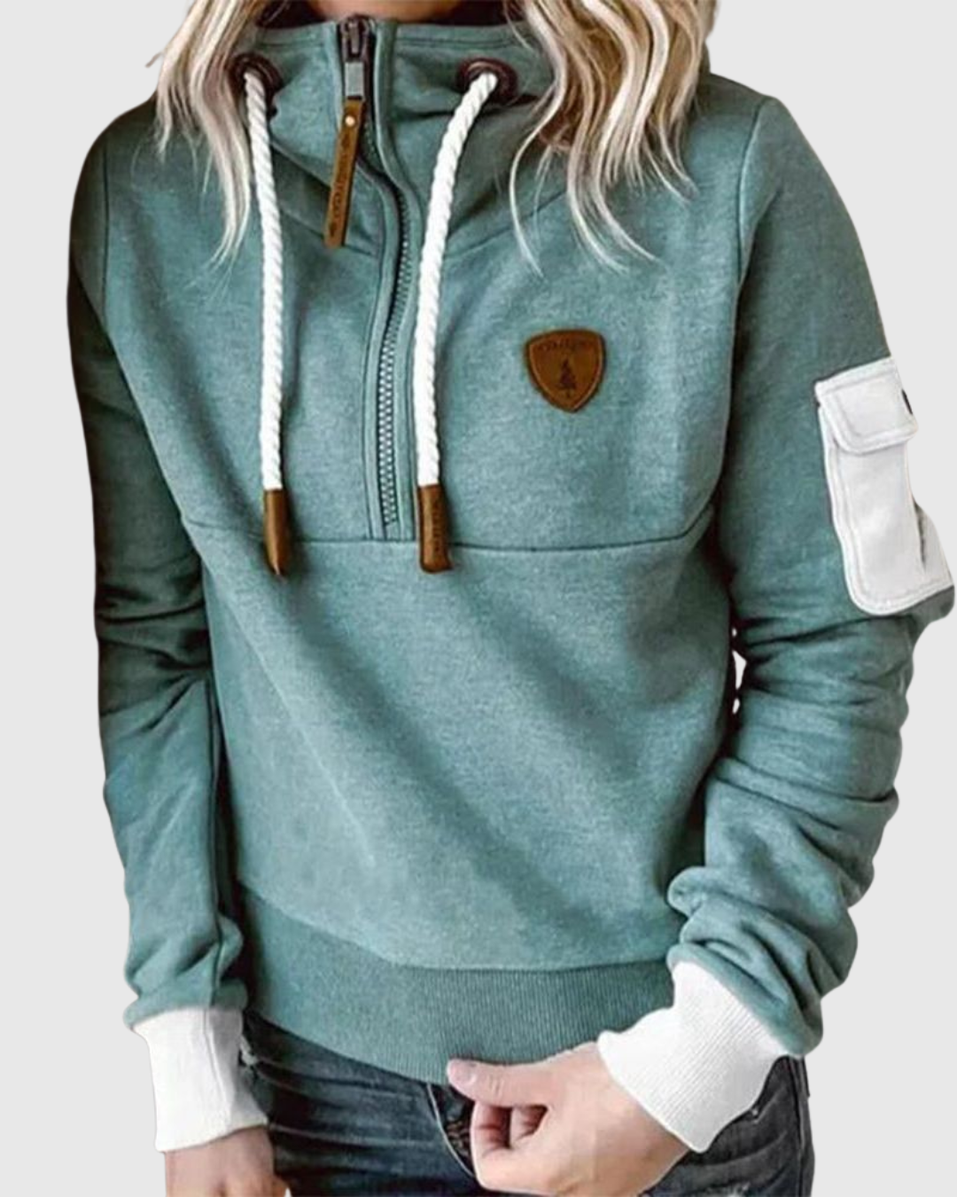 Lois knit pullover in green, full front view with contrast cuffs