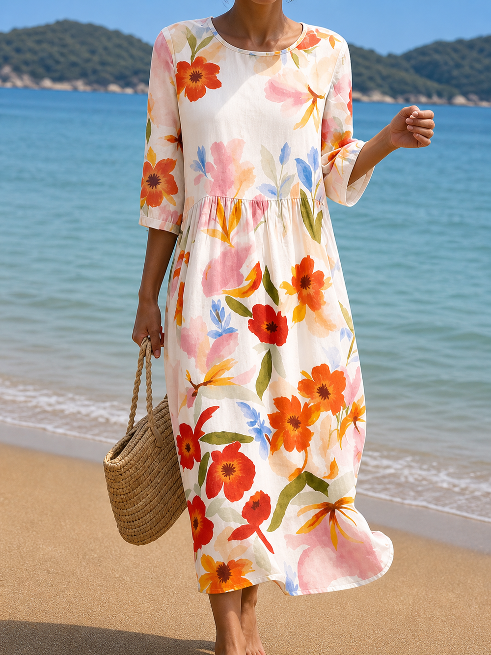 Casual floral print midi dress in cream with coral blooms, full-length front view