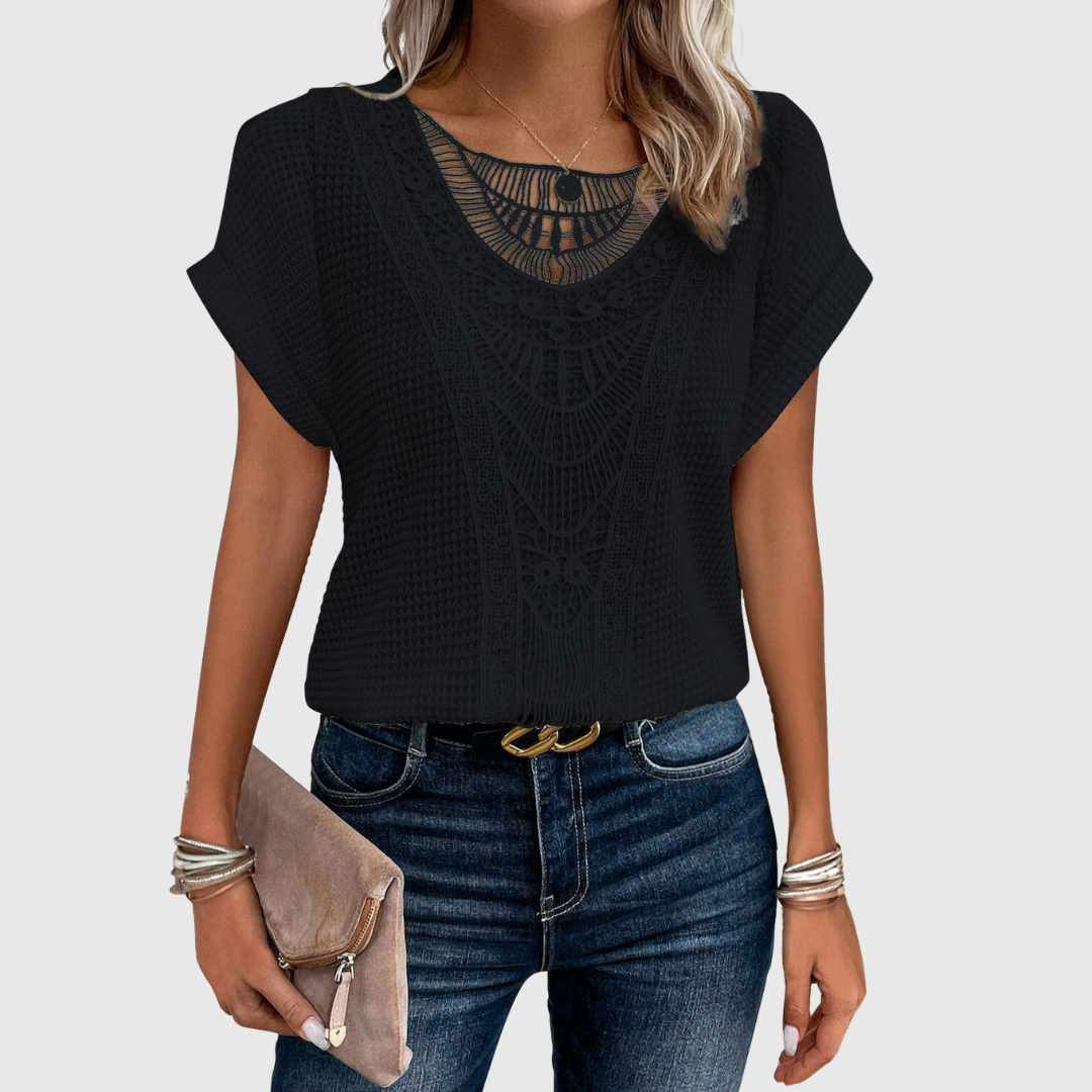 Lucinda lace short sleeve top in black, front view