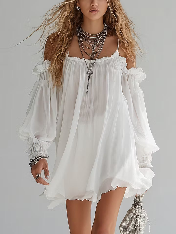 Mélusine boho off-shoulder mini dress in white, front view with balloon sleeves