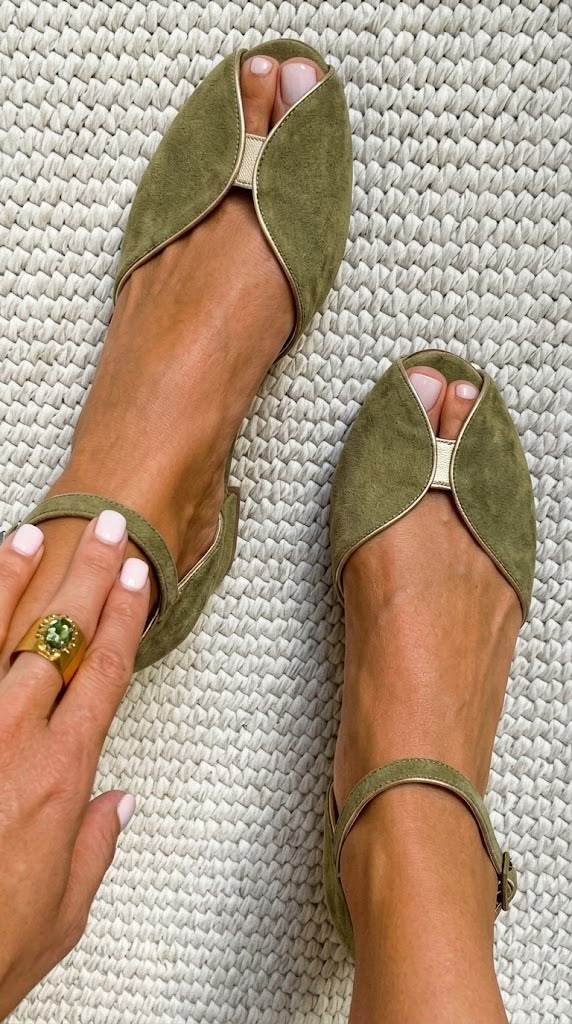 Olivia flat sandals in sage green, top view on feet
