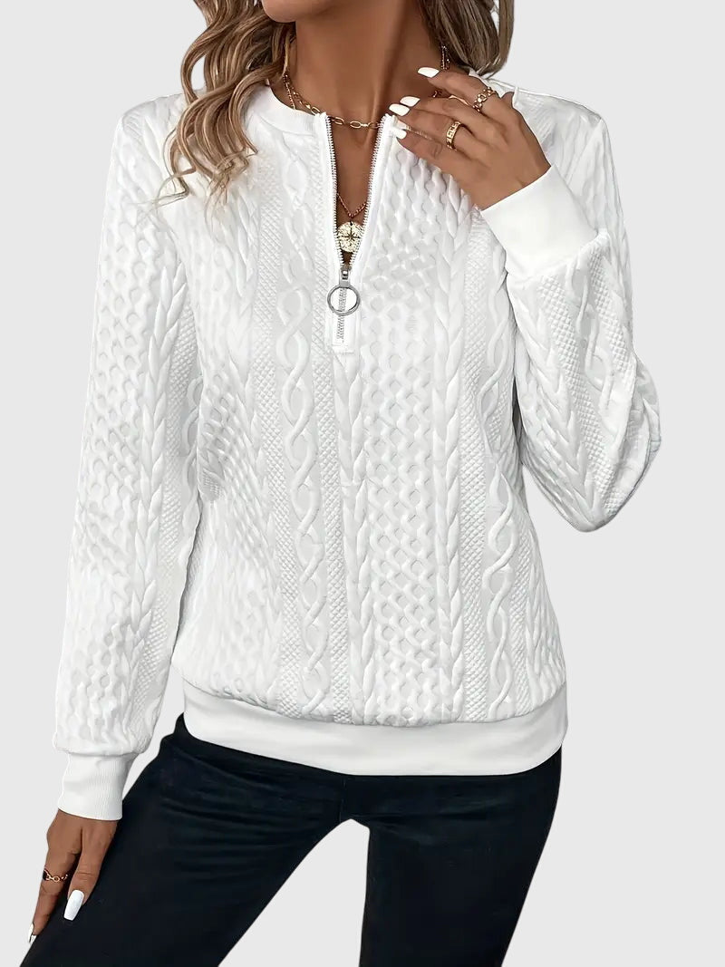 Nora textured zip sweater in white, side front view with long sleeves