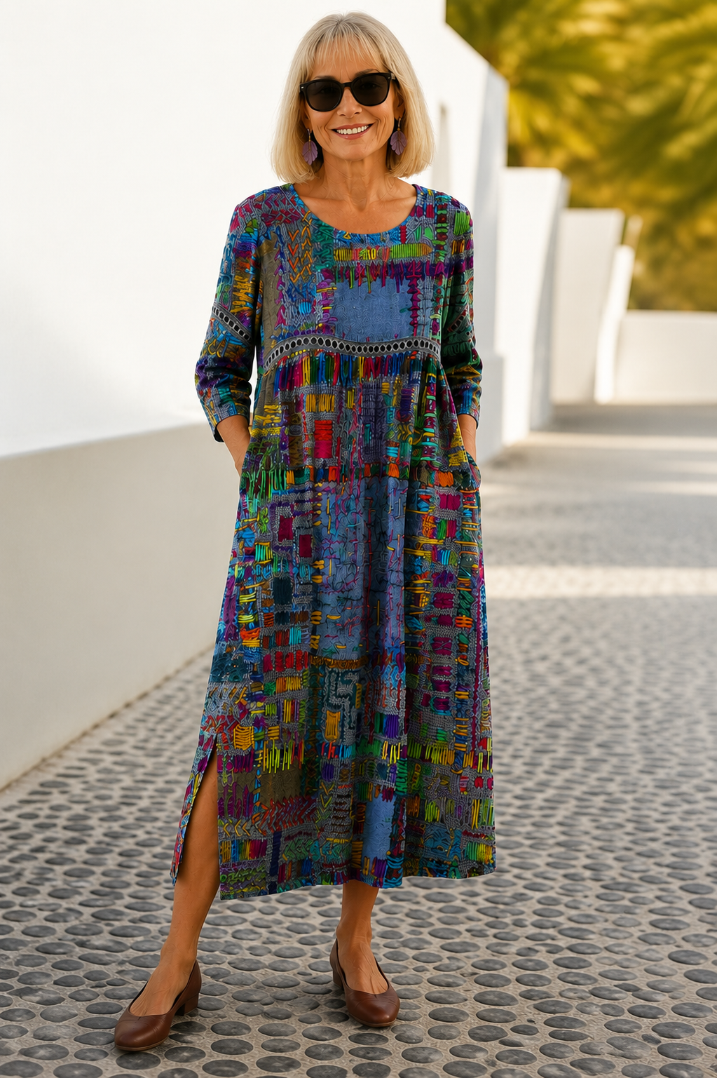 Eliana printed midi dress in multicoloured blue, full-length front view