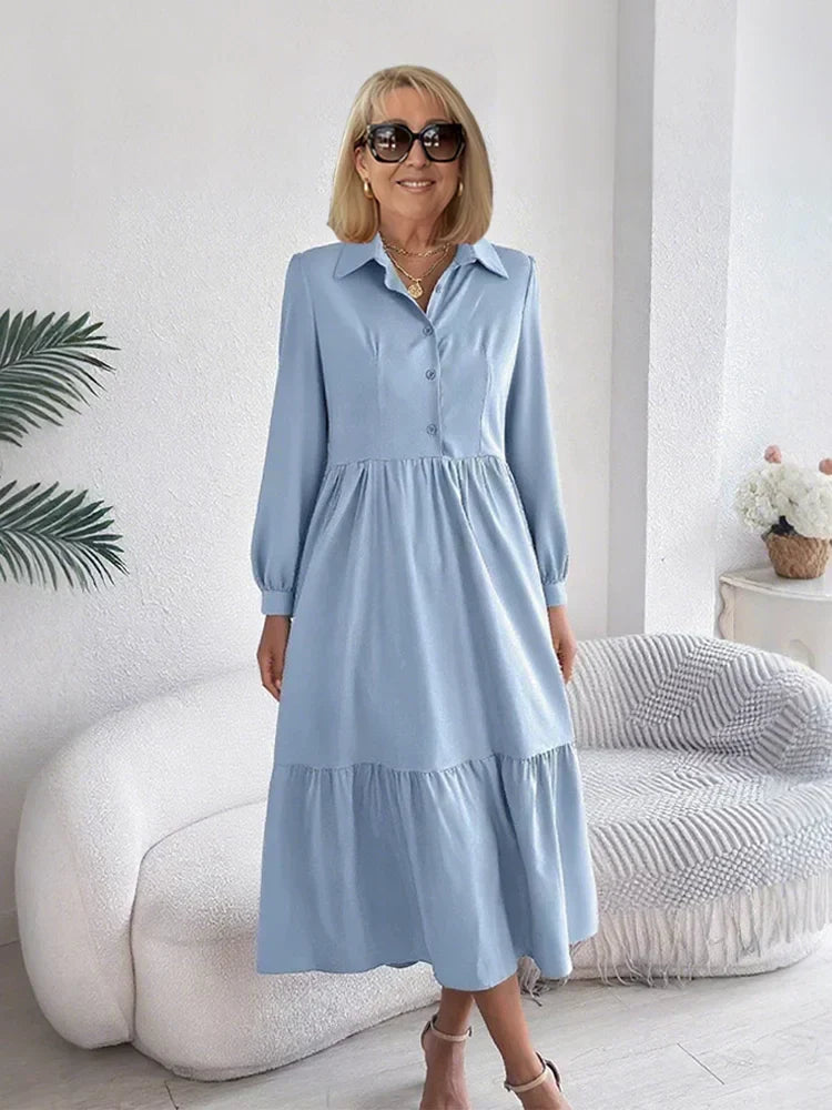 Sophia ruffle shirt dress in light blue, full-length front view