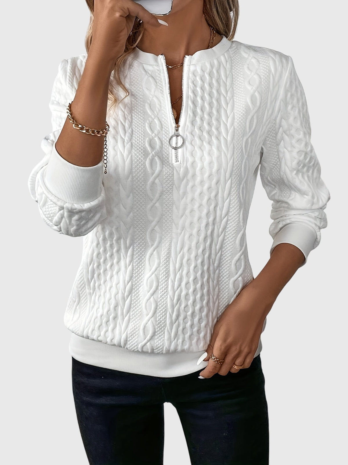 Nora textured zip sweater in white, front view with ribbed cuffs
