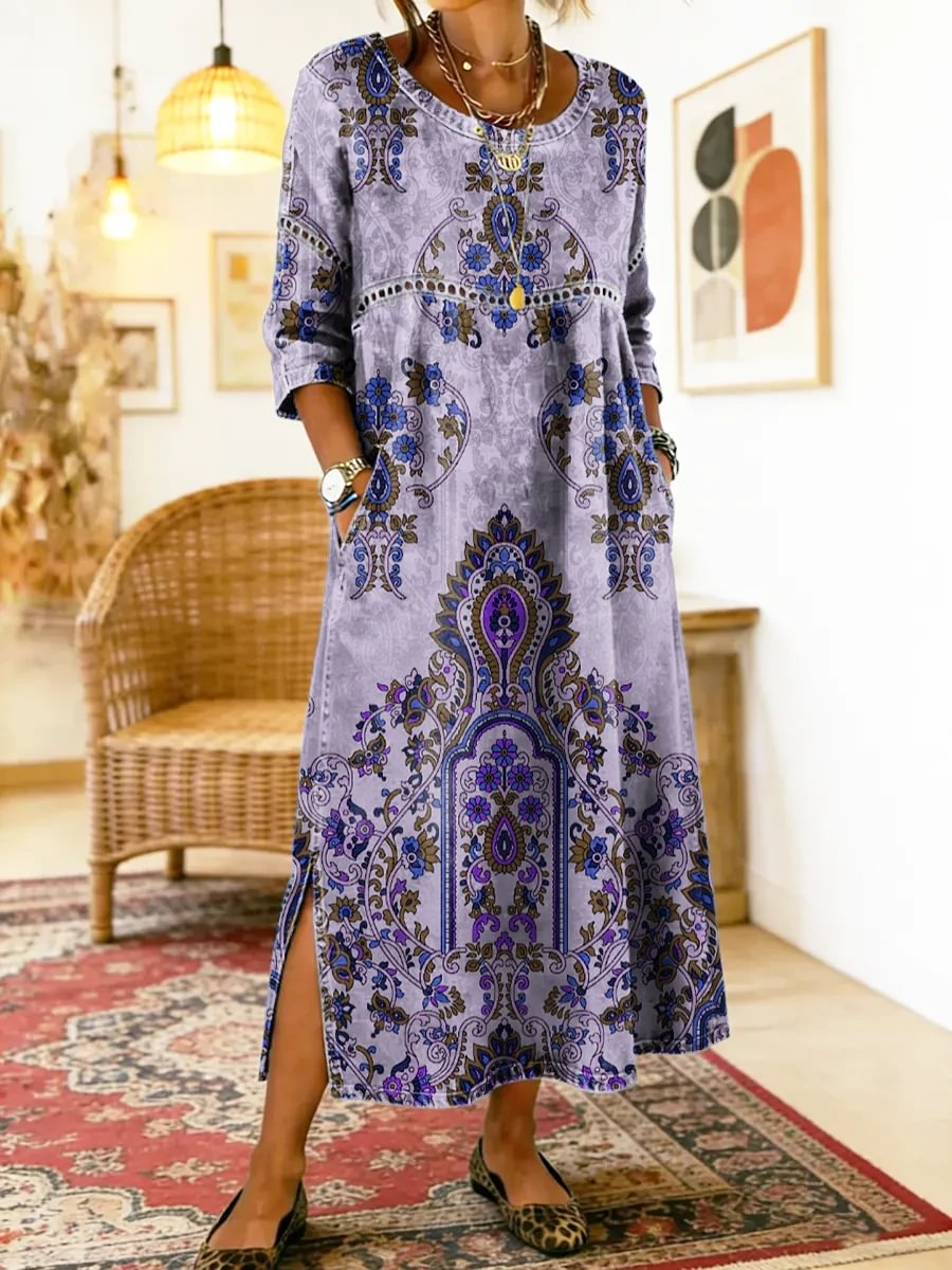 Petra printed maxi dress in lilac floral paisley, full-length front view