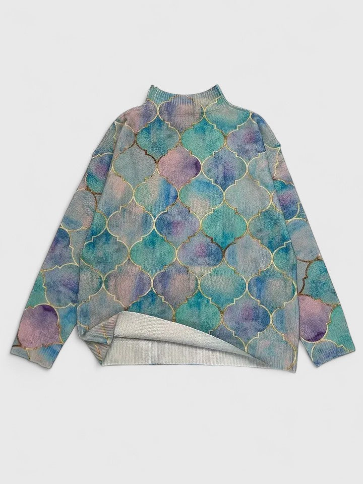 Selah printed sweater in multi-coloured pastels, back view laid flat