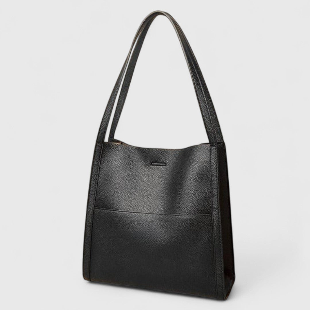 Elegant shoulder tote in black, front view with long straps