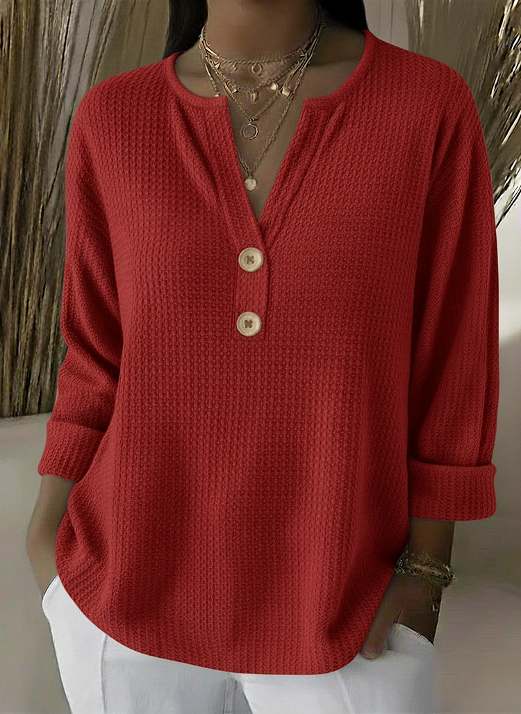 Lucinda Henley button top in red, front view