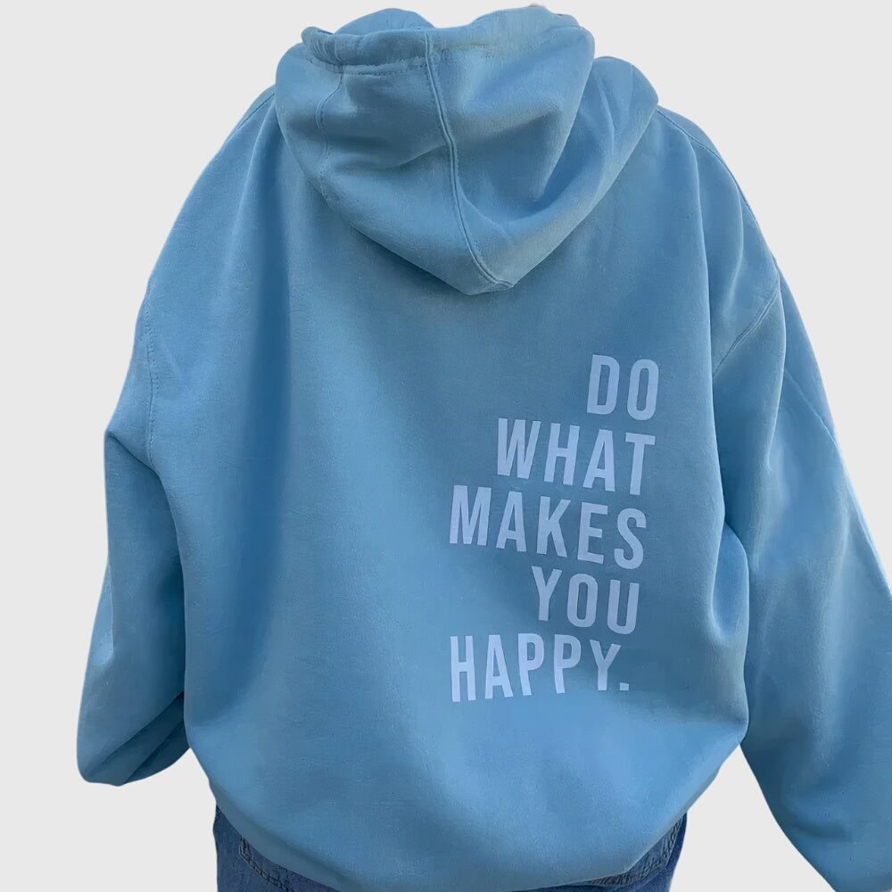 Lucy oversized hoodie in blue with tonal back print, rear view
