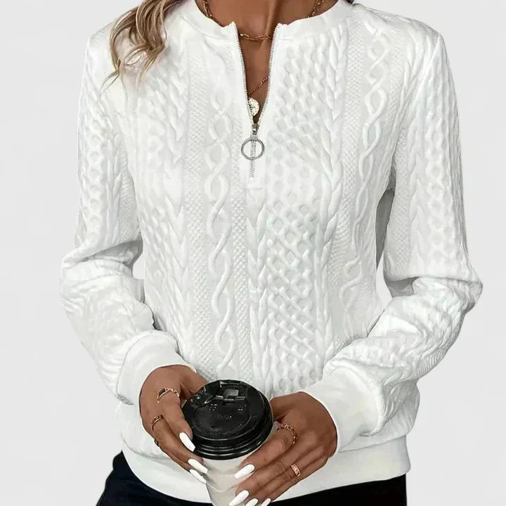 Ara textured zip-neck sweater in white, front view worn by model