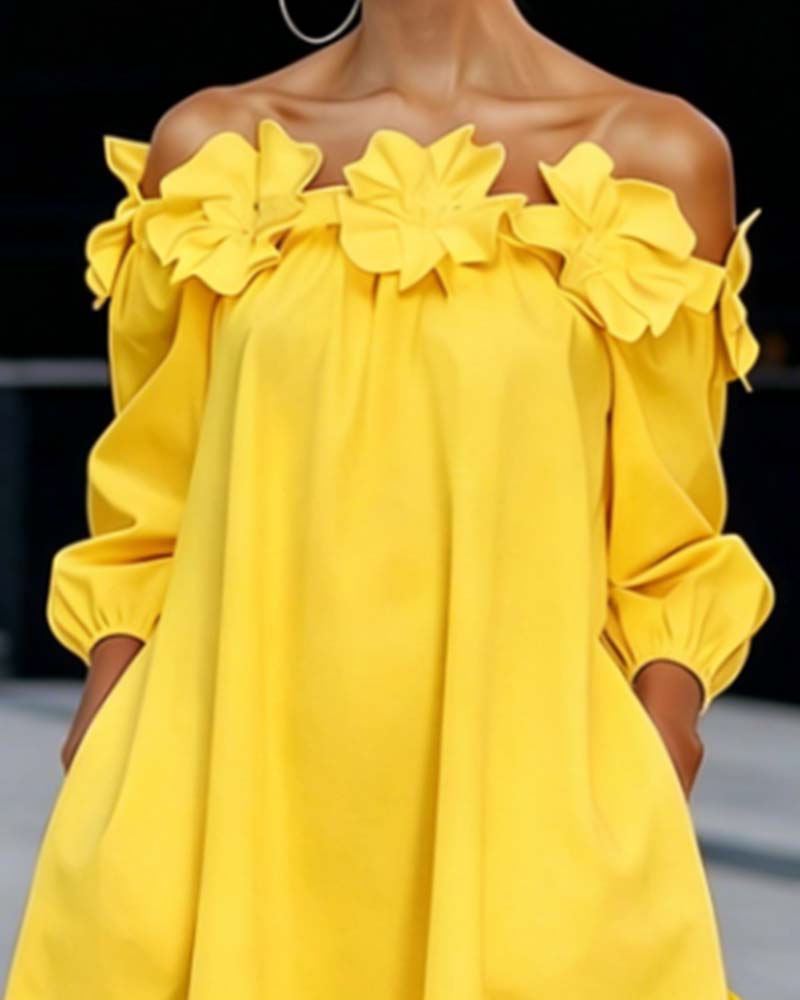 Rowena yellow dress, close-up of floral neckline and puff sleeves