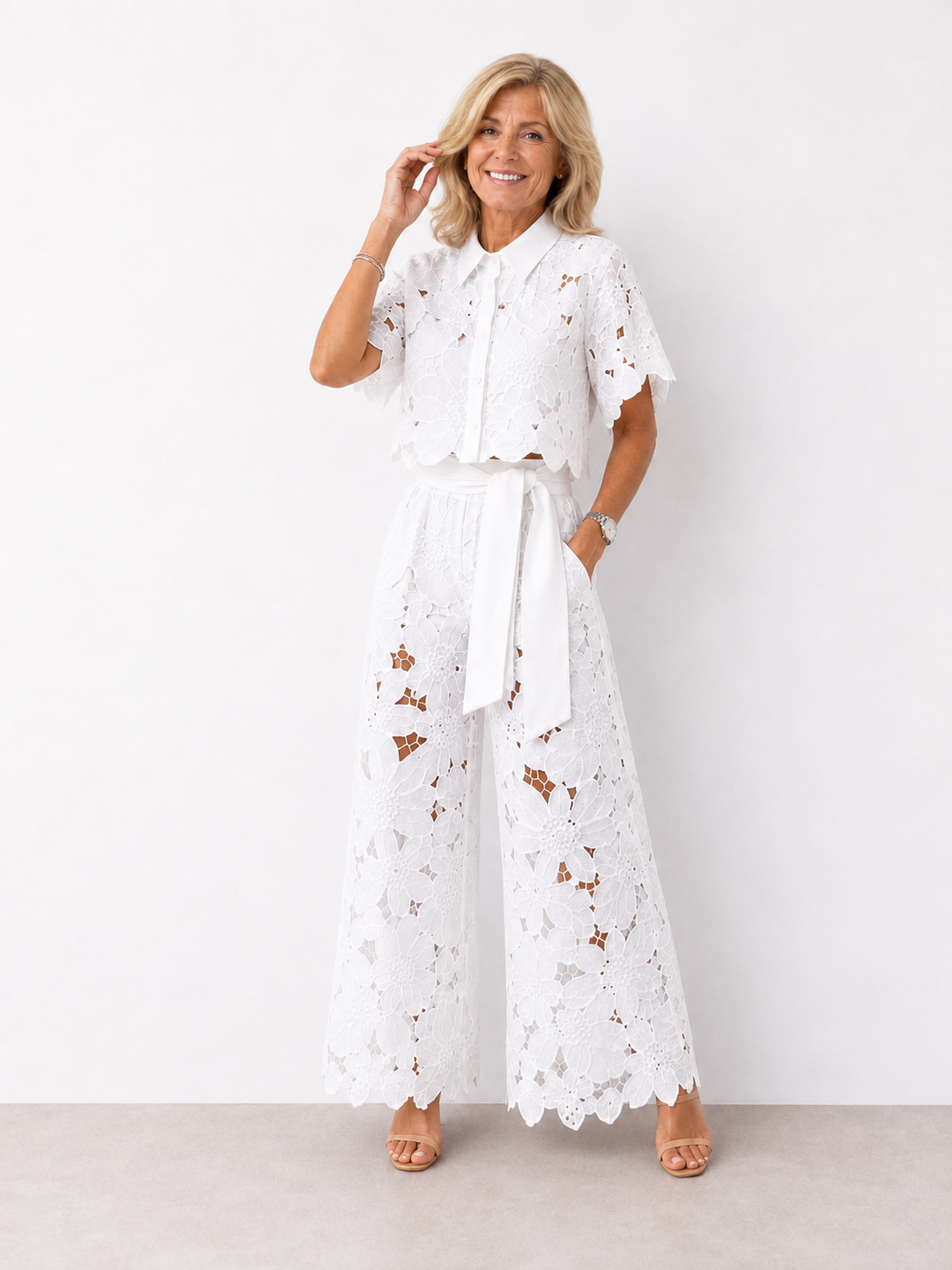 Isabela two-piece lace set in white, full-length front view