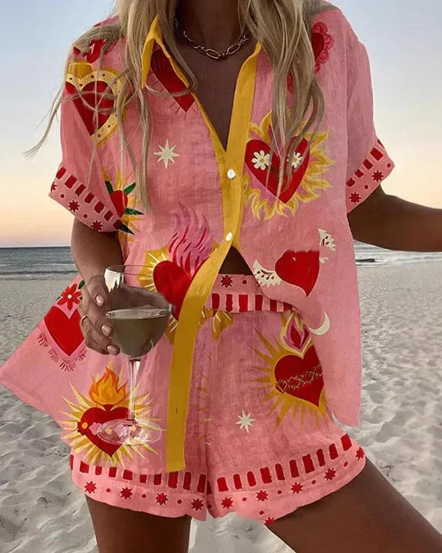 Frida summer co-ord set in pink with sacred heart print, full front view