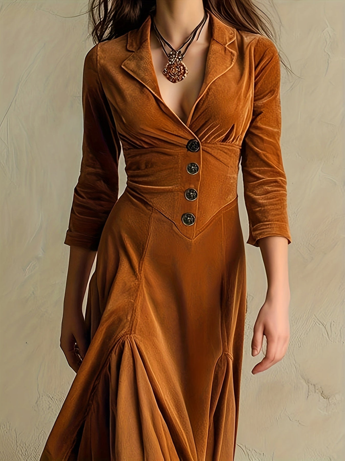 Elowenna button-front maxi dress in caramel brown, close-up of collar and bodice