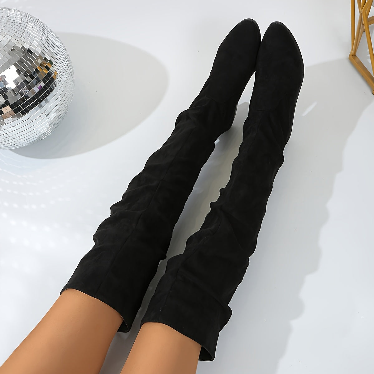 Ione over-the-knee boots in black, detail view of suede shafts