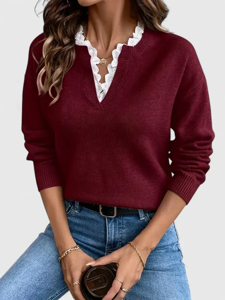 Aven knit sweater in red, front view with white lace neckline