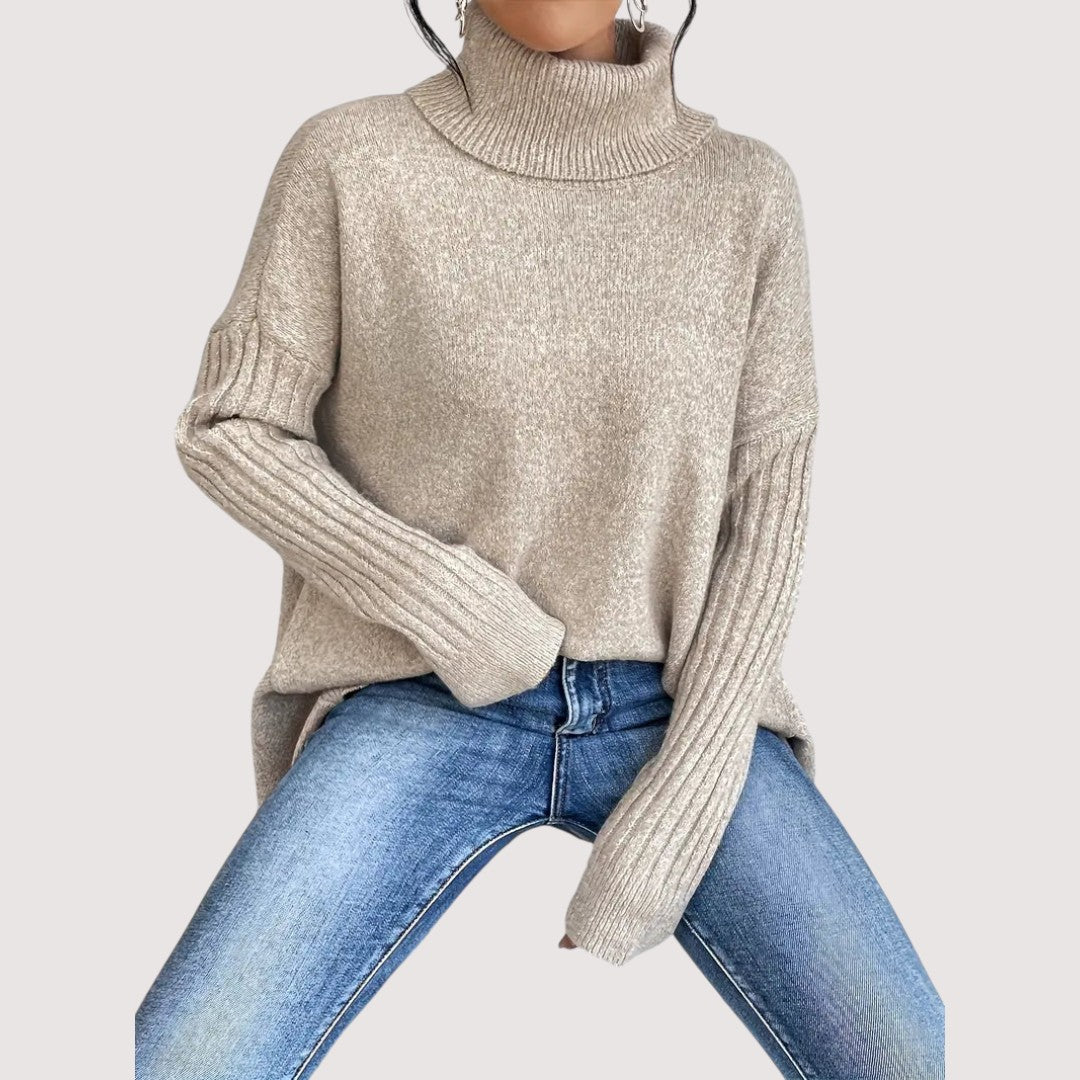 Fenella turtleneck sweater in desert khaki, close-up of ribbed sleeve and cuff