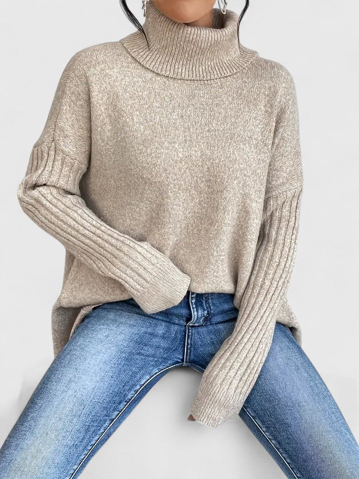 Keiralyss turtleneck sweater in khaki, close view of ribbed sleeve panels