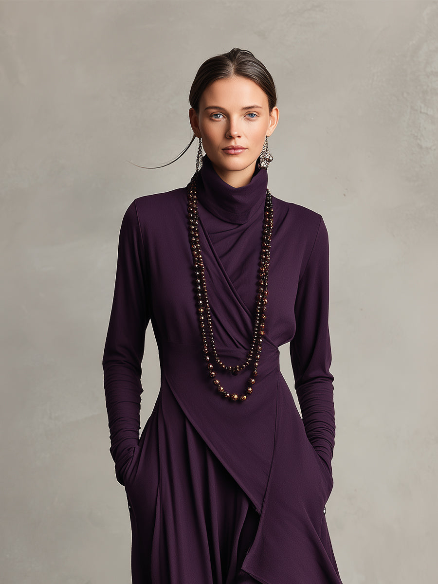 Natalia knit maxi dress in purple, close-up of high draped collar