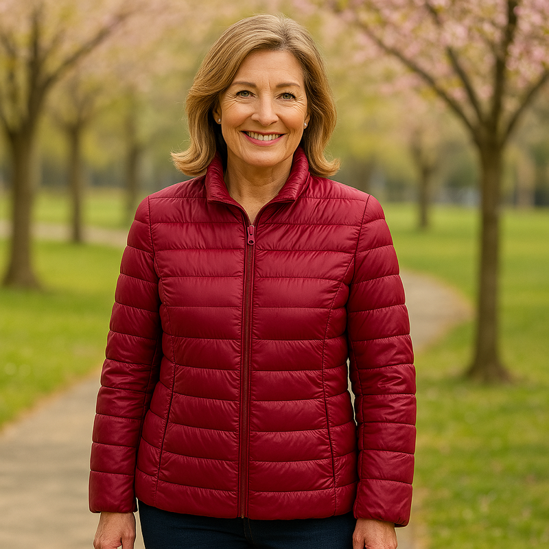 Ulla transitional padded jacket in dark red, full front view worn outdoors