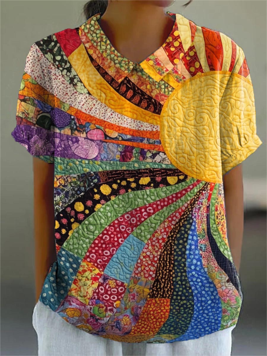 Maine sunburst patchwork blouse in multicolour, front view worn with white trousers