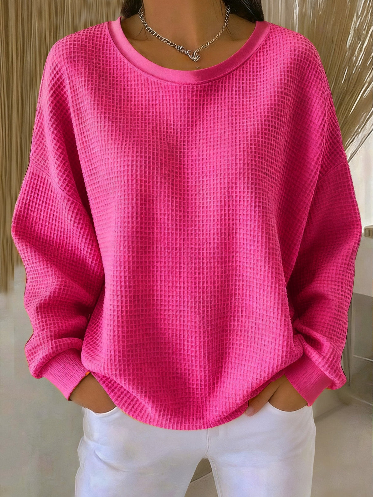 Kate waffle knit sweatshirt in fuchsia, front view