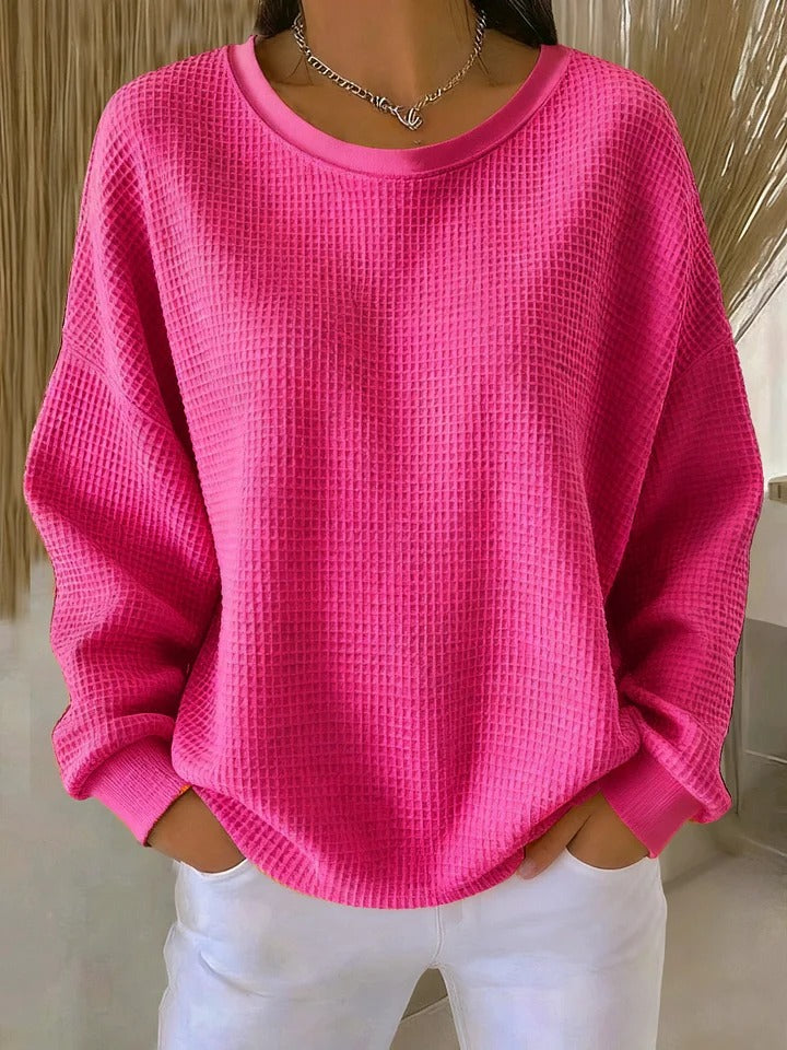 Kelsey waffle-knit sweater in fuchsia, relaxed front view