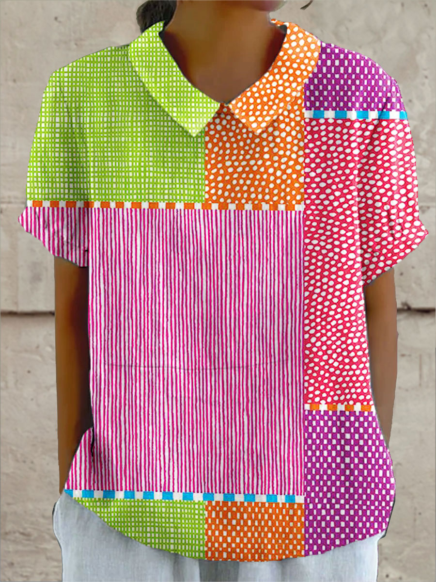 Zoe colourful patchwork blouse in multicolour, front view with collar and short sleeves