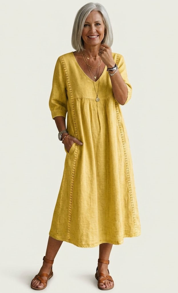 Juliette lace-trim A-line midi dress in yellow, full-length front view