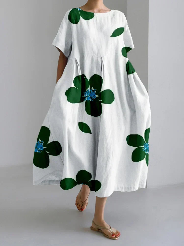 Mirabel floral summer dress in white with green blooms, full-length front view