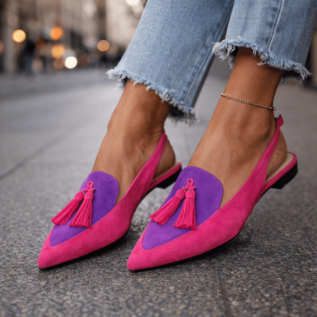 Arabella slingback loafers in pink and purple, full front view