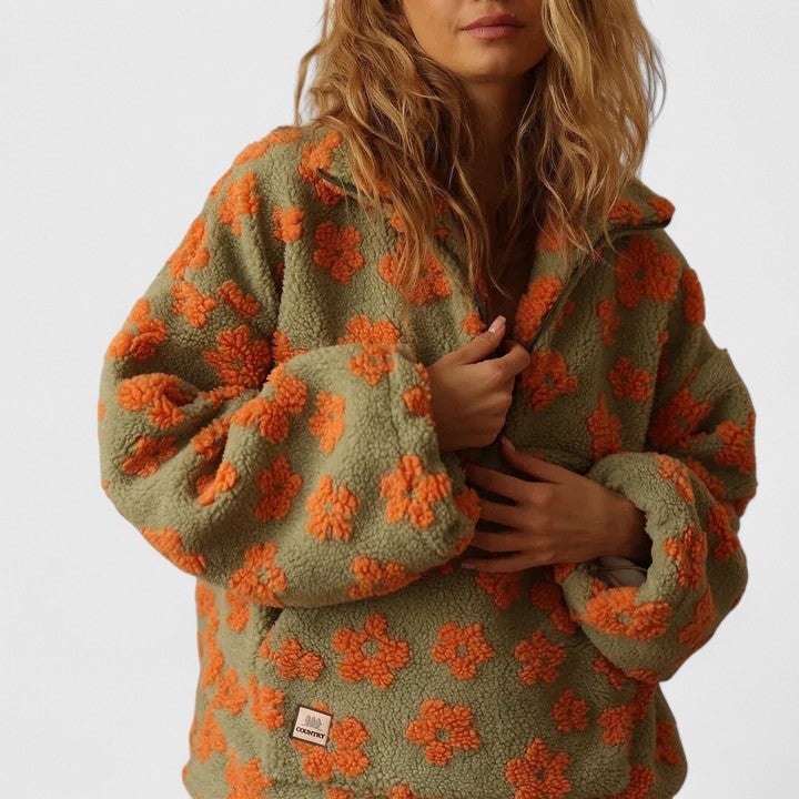 Delysanne sweater in khaki with orange flowers, close-up of tufted floral fleece