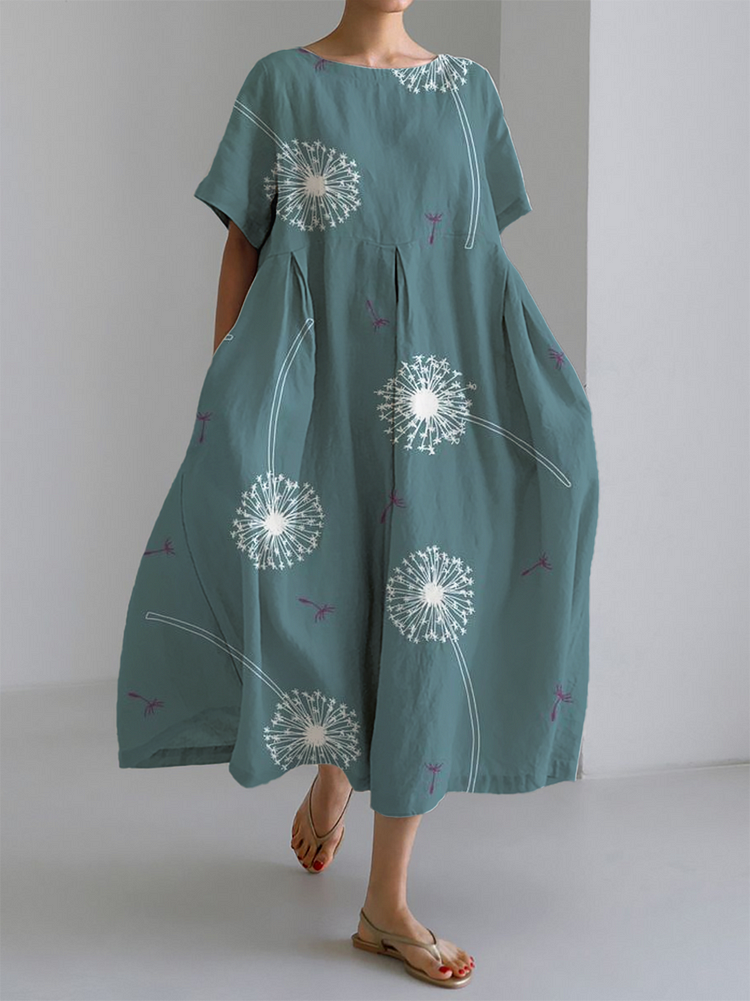 Minerva floral summer dress in teal green with dandelion print, full-length front view