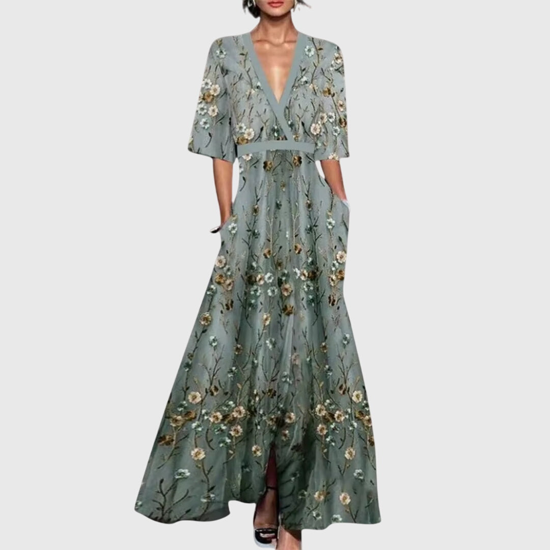 Candice long floral dress in sage green, full-length front view