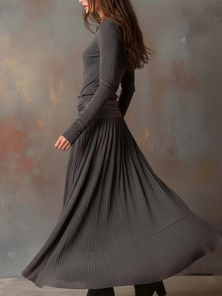 Adelaide ribbed midi set in grey, side view with skirt in movement