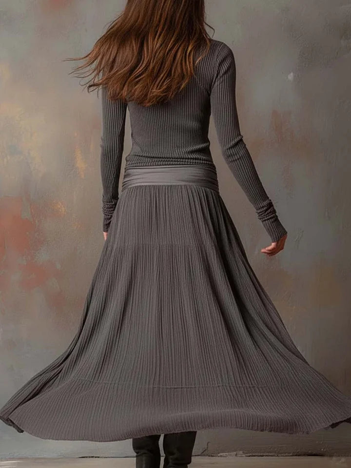 Adelaide ribbed midi set in grey, back view showing pleated skirt