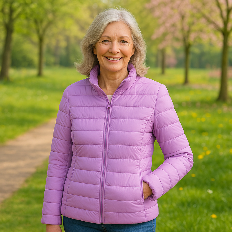 Ulla transitional padded jacket in lilac, front view worn in a park