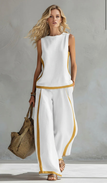 Leila two-piece set in white with mustard trims, front view