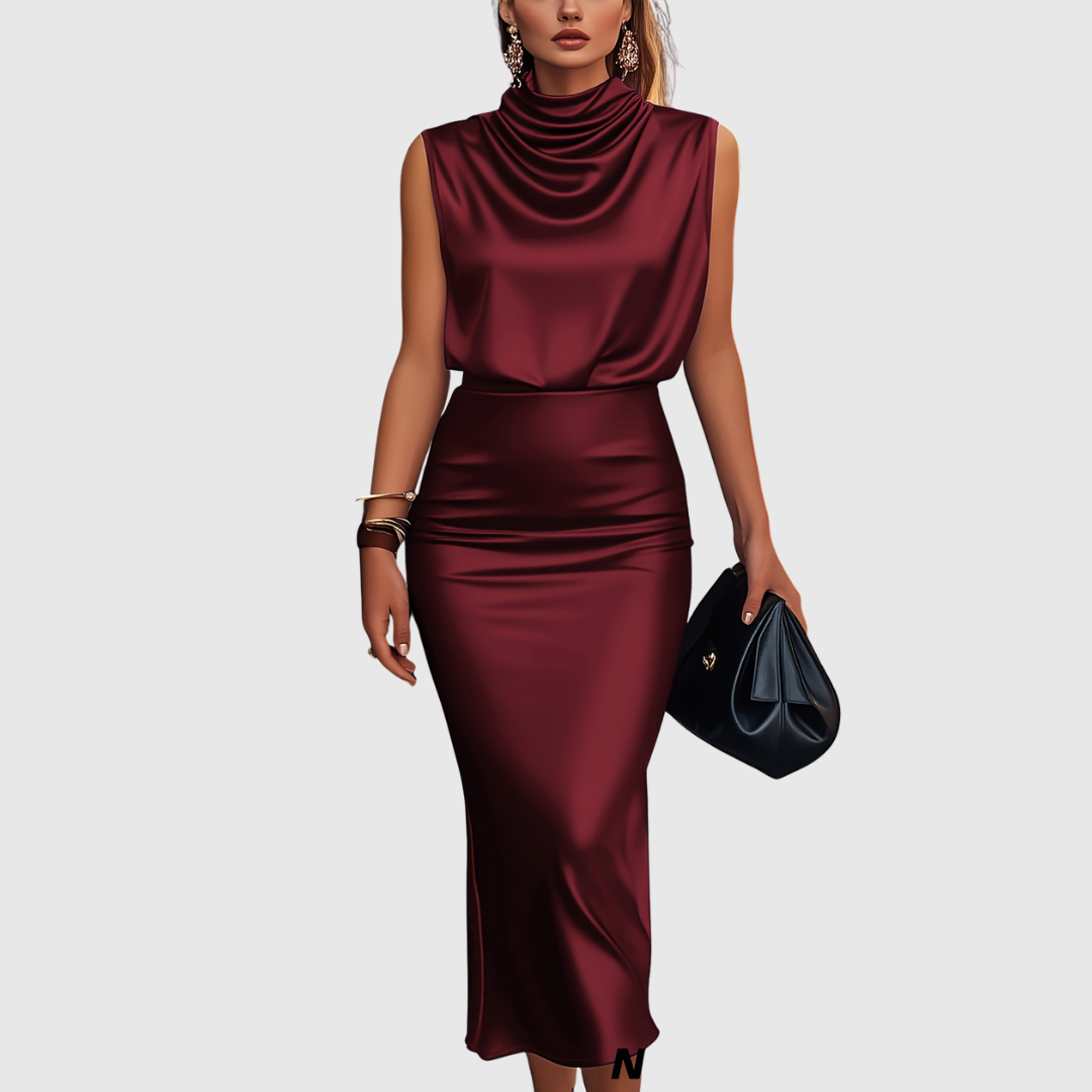 Edem satin top and skirt set in crimson, full-length front view