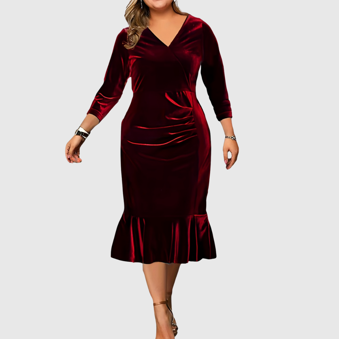 Zaar velvet midi dress in crimson, full-length front view